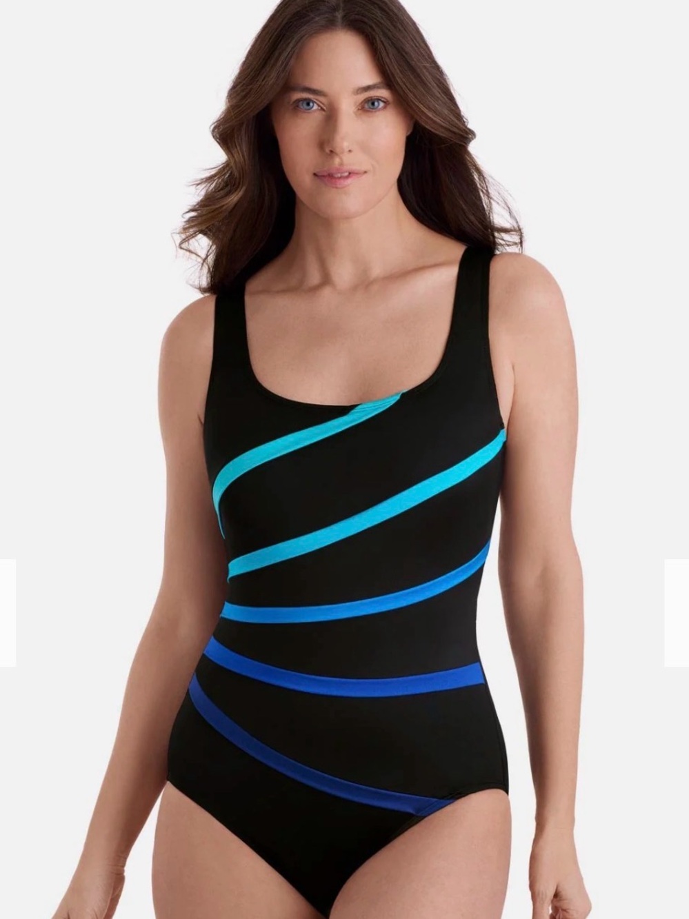 LONGITUDE Long Torso Folded Band Fan Tank One Piece - Blue Solidtude 2.0 Size 20